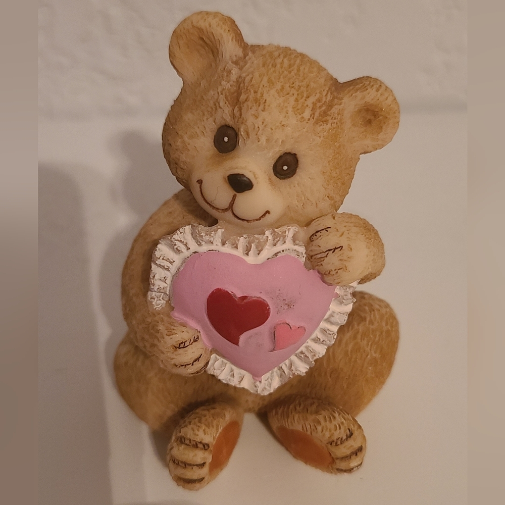 Vintage Ceramic Teddy Bear Figurine Holding A Pink Heart Pillow Used